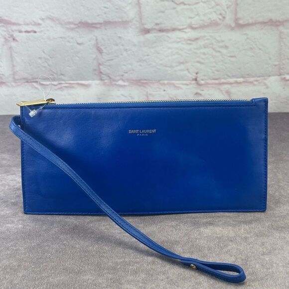 Saint Laurent Blue Leather Zippered Pouch Clutch - Picture 1 of 9